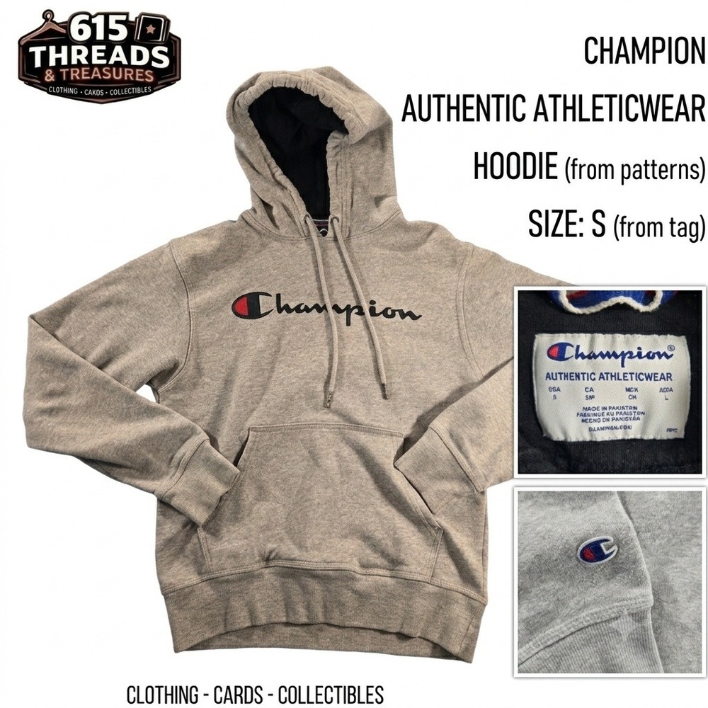 Champion Hoodie Sweatshirt Mens Small S Gray Script Logo Pullover Pocket